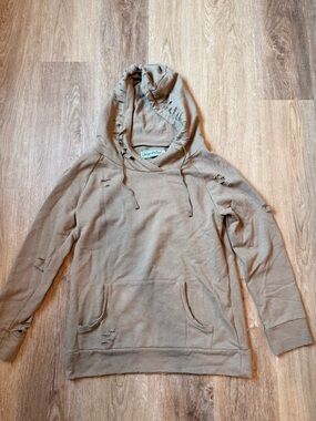 Distressed Taupe Hooded Pullover Sweatshirt